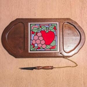 Vintage 1970s Wood Cheese Board with Ceramic Tile and Cheese Knife